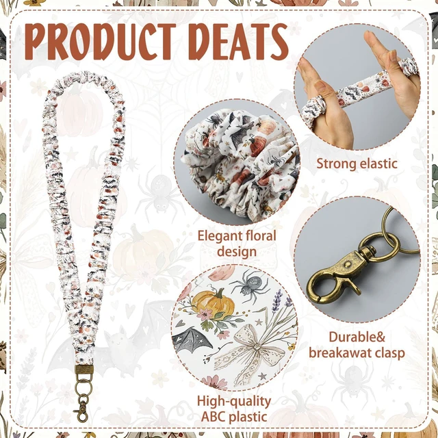 Alt view image 4 of 6 - Scrunchie Teacher Lanyards with ID Badge Holder,Halloween Retractable Stretchy Scrunchie Lanyard,Breakaway Keychain Accessories,Hand-free Access for Office School Teacher Nurse Staff