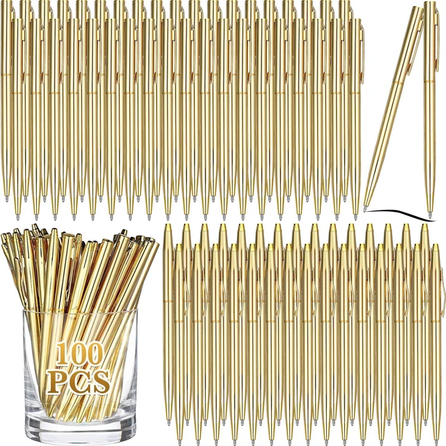 Main image of 100 Pack Gold Pens Bulk Metal Slim Ballpoint Retractable Black Ink 1.0 mm Ballpoint, Writing at Wedding Guest Book, Business Office Supplies, Professional Metal Finish, Signature Events