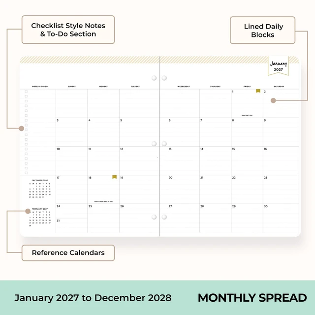 Alt view image 3 of 7 - 2027 24-Month Monthly Planner Calendar, 8.5"x11", Swiss Dot Black January 2027 - December 2028, Flexible Cover, Stapled Binding, Day Designer
