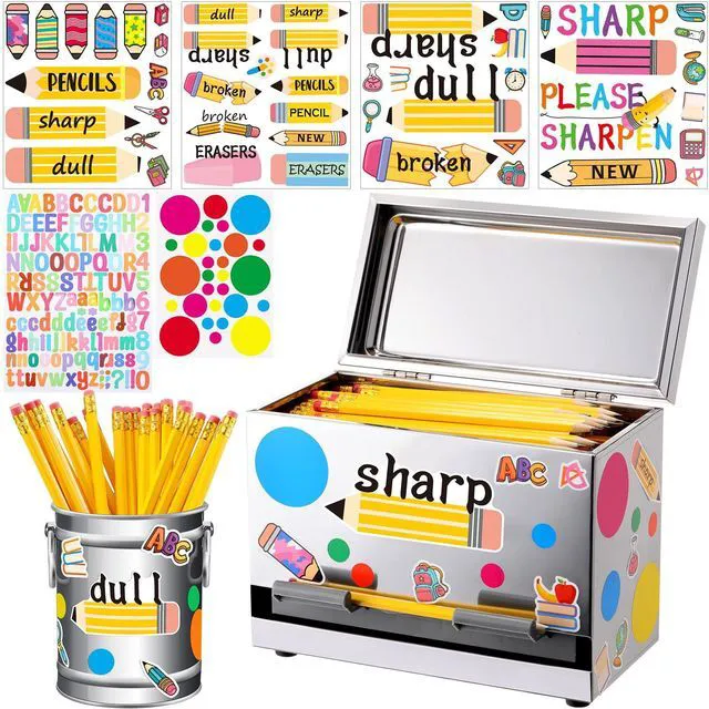 Main image of 8 Pcs Pencil Dispenser for Classroom Stainless Steel, Silver Sharp Dull Pencil Holder Classroom, Letter Stickers, Metal Desk Organizer, Back to School Teacher Supplies, Pencil Parking