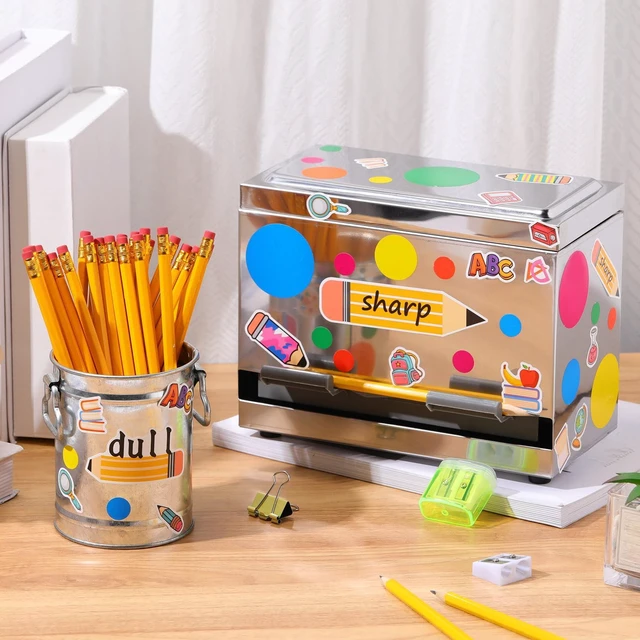 Alt view image 4 of 7 - 8 Pcs Pencil Dispenser for Classroom Stainless Steel, Silver Sharp Dull Pencil Holder Classroom, Letter Stickers, Metal Desk Organizer, Back to School Teacher Supplies, Pencil Parking