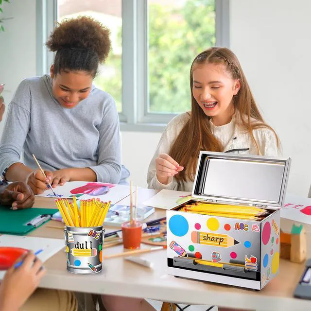 Alt view image 6 of 7 - 8 Pcs Pencil Dispenser for Classroom Stainless Steel, Silver Sharp Dull Pencil Holder Classroom, Letter Stickers, Metal Desk Organizer, Back to School Teacher Supplies, Pencil Parking