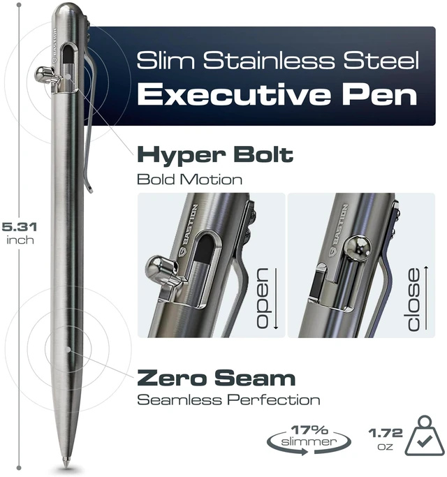 Alt view image 2 of 6 - Bolt Action Pen, Stainless Steel Silver Slim, HyperBolt & ZeroSeam EDC Pen, Refillable Metal Writing Pen, Premium Graduation Gift, Executive Pocket Pen