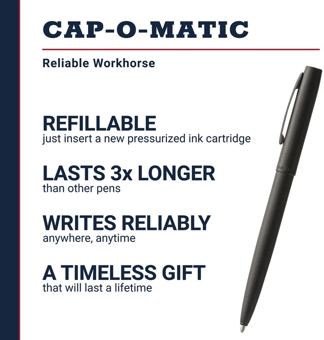 Alt view image 2 of 7 - Space Pen Military Cap-O-Matic Pen, Black Ink Pressurized Ballpoint Pen, Writes Upside Down and in Extreme Temperatures, Medium Point, Pocket Clip, Made in the USA