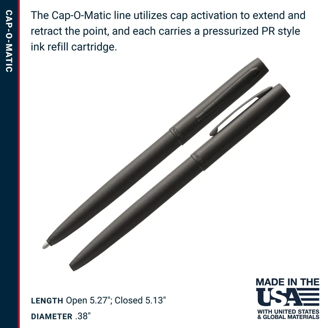 Alt view image 6 of 7 - Space Pen Military Cap-O-Matic Pen, Black Ink Pressurized Ballpoint Pen, Writes Upside Down and in Extreme Temperatures, Medium Point, Pocket Clip, Made in the USA