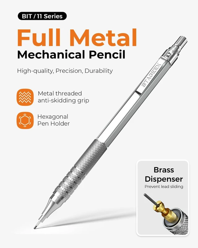 Alt view image 2 of 7 - 30Pcs Silver Metal Mechanical Pencil Set with Leather Case 6PCS Art Drafting Pencils, 0.5, 0.7, 0.9, 2.0MM Mechanical Drawing Pencils, with 300PCS(6B/4B/2B/HB/2H/4H/Colors)Lead Refills
