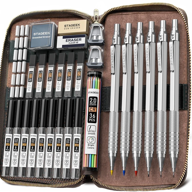 Main image of 30Pcs Silver Metal Mechanical Pencil Set with Leather Case 6PCS Art Drafting Pencils, 0.5, 0.7, 0.9, 2.0MM Mechanical Drawing Pencils, with 300PCS(6B/4B/2B/HB/2H/4H/Colors)Lead Refills
