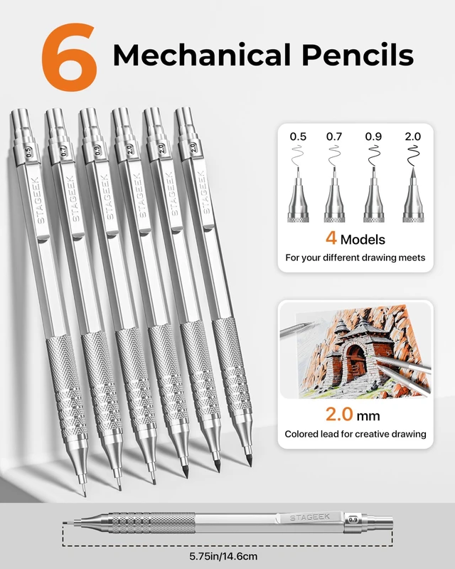 Alt view image 3 of 7 - 30Pcs Silver Metal Mechanical Pencil Set with Leather Case 6PCS Art Drafting Pencils, 0.5, 0.7, 0.9, 2.0MM Mechanical Drawing Pencils, with 300PCS(6B/4B/2B/HB/2H/4H/Colors)Lead Refills