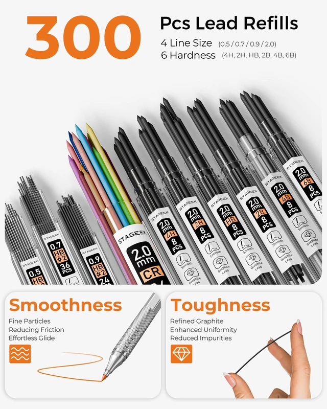 Alt view image 4 of 7 - 30Pcs Silver Metal Mechanical Pencil Set with Leather Case 6PCS Art Drafting Pencils, 0.5, 0.7, 0.9, 2.0MM Mechanical Drawing Pencils, with 300PCS(6B/4B/2B/HB/2H/4H/Colors)Lead Refills