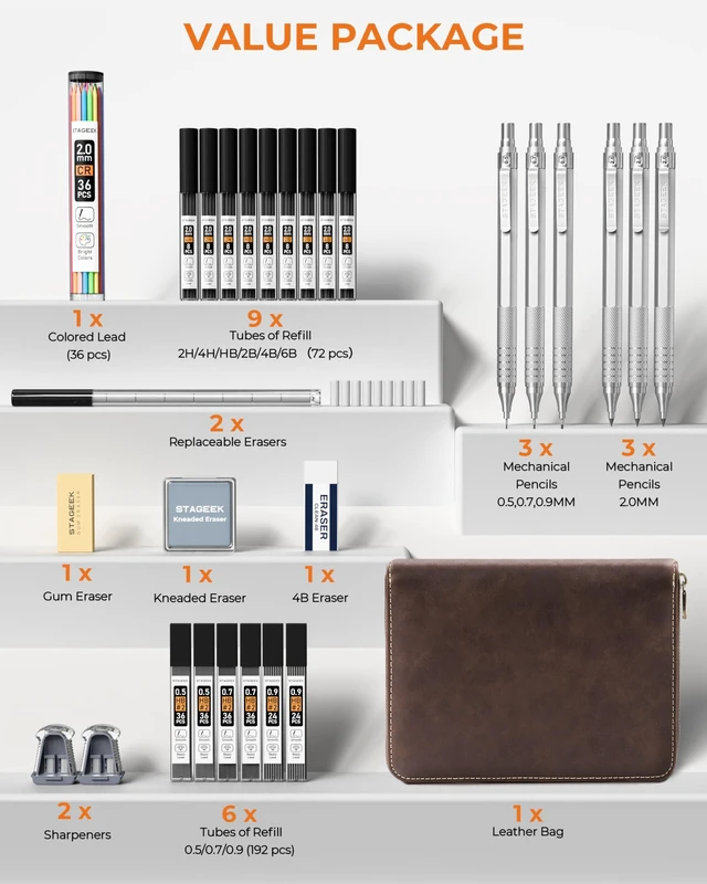 Alt view image 6 of 7 - 30Pcs Silver Metal Mechanical Pencil Set with Leather Case 6PCS Art Drafting Pencils, 0.5, 0.7, 0.9, 2.0MM Mechanical Drawing Pencils, with 300PCS(6B/4B/2B/HB/2H/4H/Colors)Lead Refills