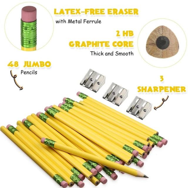 Alt view image 4 of 7 - 48 Pcs Large Pencils 3 Sharpeners,Yellow+green,Triangle Jumbo Thick Grip, Preschoolers Kindergarten Beginners, My First Pencil Set, Easy Hold Kids School Writing Practice Supplies
