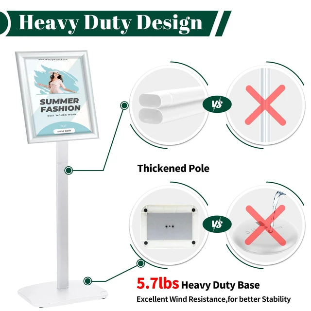 Alt view image 2 of 7 - Heavy Duty Pedestal Sign Holder, 8.5 x 11" Floor Standing Sign Holder Adjustable Vertical & Horizontal Sign Stand for Display, Weighted Base for Indoor/Outdoor Advertising, Silver, 1 Pack