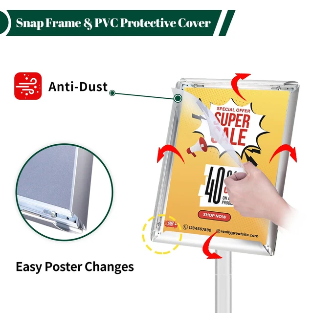 Alt view image 3 of 7 - Heavy Duty Pedestal Sign Holder, 8.5 x 11" Floor Standing Sign Holder Adjustable Vertical & Horizontal Sign Stand for Display, Weighted Base for Indoor/Outdoor Advertising, Silver, 1 Pack