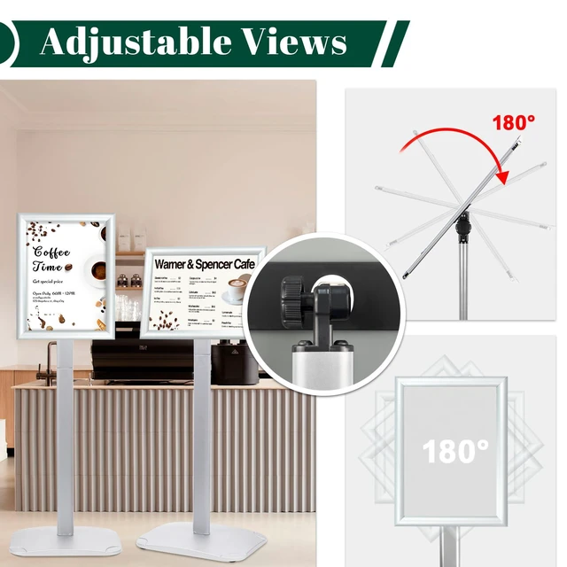 Alt view image 4 of 7 - Heavy Duty Pedestal Sign Holder, 8.5 x 11" Floor Standing Sign Holder Adjustable Vertical & Horizontal Sign Stand for Display, Weighted Base for Indoor/Outdoor Advertising, Silver, 1 Pack
