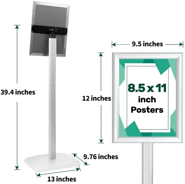 Alt view image 5 of 7 - Heavy Duty Pedestal Sign Holder, 8.5 x 11" Floor Standing Sign Holder Adjustable Vertical & Horizontal Sign Stand for Display, Weighted Base for Indoor/Outdoor Advertising, Silver, 1 Pack