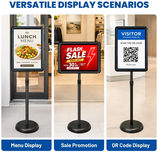 Alt view image 2 of 7 - 3Pack 11x17 Sign Holder Stand, Adjustable Floor Standing Sign Holder Pedestal Poster Stand, Adjustable Height, Vertical/Horizontal Snap-Open Frame, Business & Store Sign Stand for Display, Black