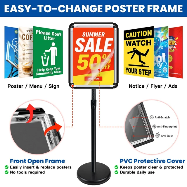 Alt view image 5 of 7 - 3Pack 11x17 Sign Holder Stand, Adjustable Floor Standing Sign Holder Pedestal Poster Stand, Adjustable Height, Vertical/Horizontal Snap-Open Frame, Business & Store Sign Stand for Display, Black