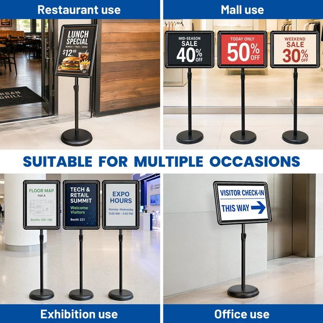 Alt view image 7 of 7 - 3Pack 11x17 Sign Holder Stand, Adjustable Floor Standing Sign Holder Pedestal Poster Stand, Adjustable Height, Vertical/Horizontal Snap-Open Frame, Business & Store Sign Stand for Display, Black