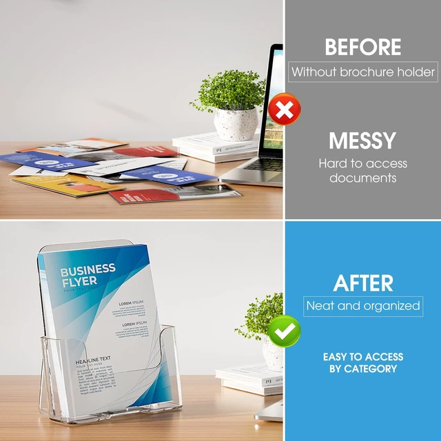 Alt view image 5 of 7 - Brochure Holder 6 Inches Wide, Bi-fold Flyer Display Stand, 2 Pack Clear Acrylic, Fits 5.5 x 8.5 and 6 x 9 Pamphlets, Booklets, Journals, Menus, Paper, Desktop / Wall-Mount, Slant Back