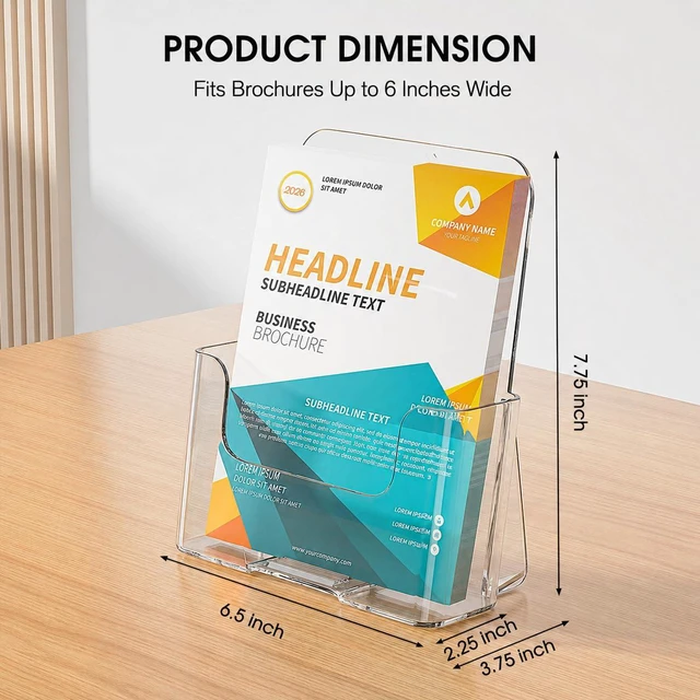 Alt view image 7 of 7 - Brochure Holder 6 Inches Wide, Bi-fold Flyer Display Stand, 2 Pack Clear Acrylic, Fits 5.5 x 8.5 and 6 x 9 Pamphlets, Booklets, Journals, Menus, Paper, Desktop / Wall-Mount, Slant Back