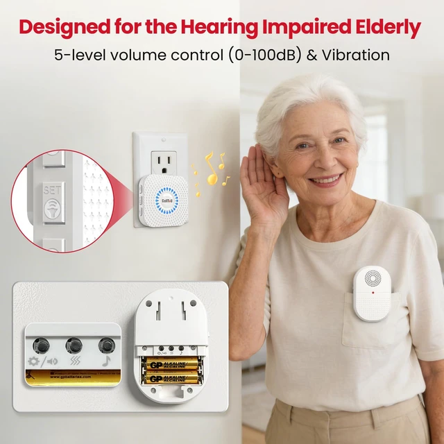 Alt view image 7 of 7 - Wireless Caregiver Pager, 2 Call Buttons for Elderly at Home Pendant & Stick-On Emergency Help; Portable Vibration Receiver; Outlet Sound/Flash Chime; Bedside, Bathroom & 500FT Range