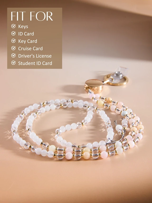 Alt view image 2 of 7 - Natural Stone Beaded Lanyards for ID Badges and Keys, Morganite Teacher lanyard for women, 0.8mm double-strand 6-braided cord, 10+ in retractable reel, for nurses, work, travel and cruises