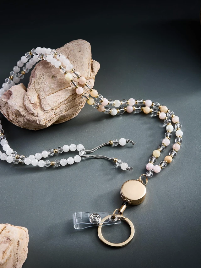 Alt view image 6 of 7 - Natural Stone Beaded Lanyards for ID Badges and Keys, Morganite Teacher lanyard for women, 0.8mm double-strand 6-braided cord, 10+ in retractable reel, for nurses, work, travel and cruises