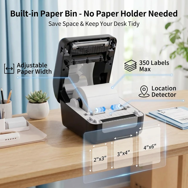 Alt view image 2 of 7 - Bluetooth Thermal Shipping Label Printer with Built-in Label Bin, Wireless 4x6 Label Printer for iPhone, Android, Windows & Mac, Includes 50 Labels, Works with USPS, UPS, Amazon, Etsy, Shopify, Black