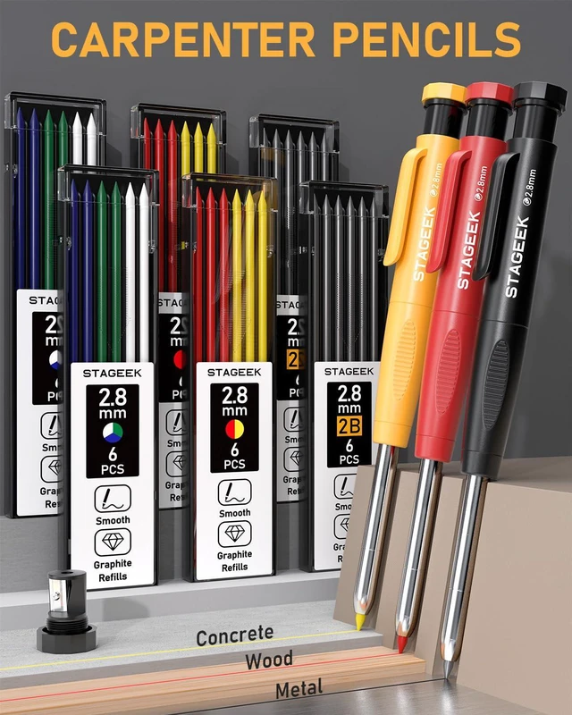 Alt view image 3 of 7 - 34 Pack Carpenter Pencils with Sharpener Carpenter Pencil Set with Deep Hole Long-Nib Markers, Woodworking Tool & Construction Pencils for Architect, DIY with Case