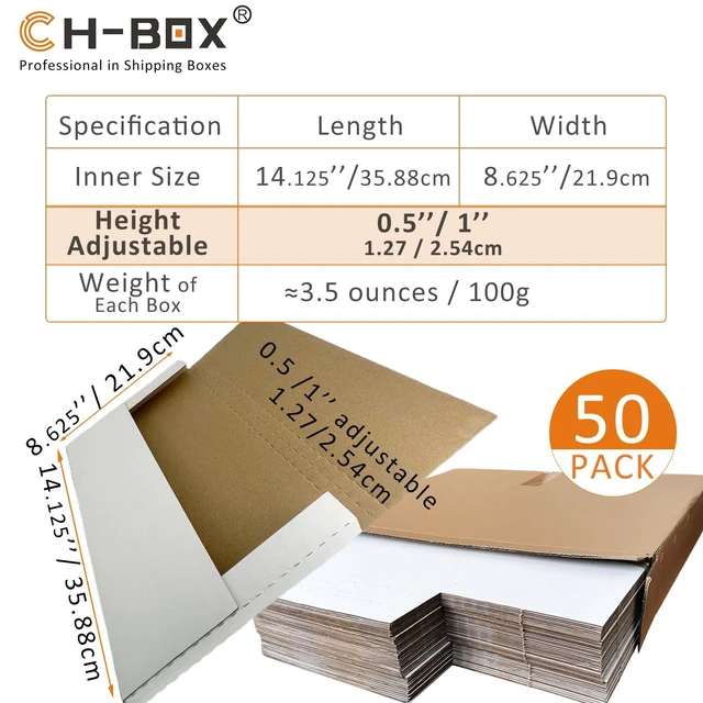 Alt view image 2 of 6 - 50 Pack 14 1/8" x 8 5/8" x 1" Cardboard Easy-Fold Shipping Box Mailers, Legal-Size Height Adjustable for Documents, White (EM1481)