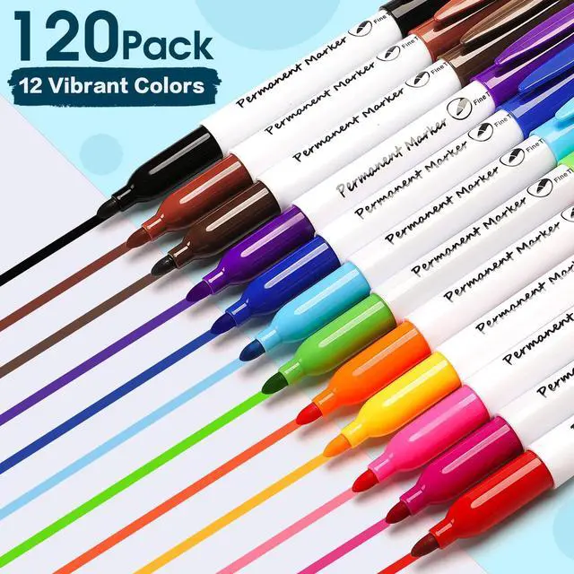 Alt view image 2 of 6 - Permanent Markers Bulk, 120 Pack Fine Point Markers in 12 Assorted Colors Quick Dry Waterproof Markers for Plastic, Glass, Wood & Metal, Back to School Supplies Office Home Warehouse
