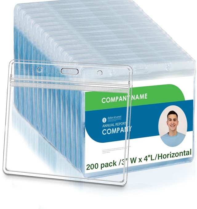 Main image of 4x3 Inches Horizontal Badge Holder, Clear ID Card Holder with Waterproof Resealable Zip Type Protector, Badge Sleeve Fits Name Tag Holder/RFID/Proximity/Credit Card (200pcs-Horizontal)