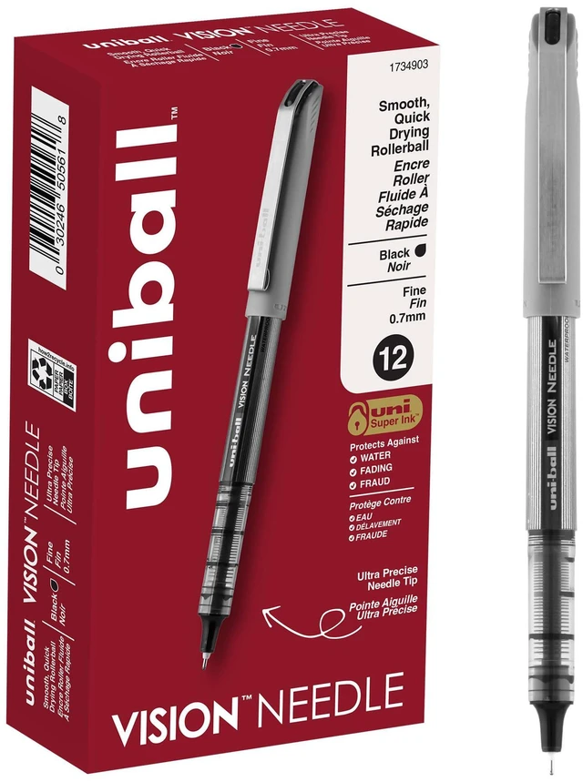 Main image of uniball Vision Needle Rollerball Pens, Fine Point (0.7mm), Black, 12 Pack