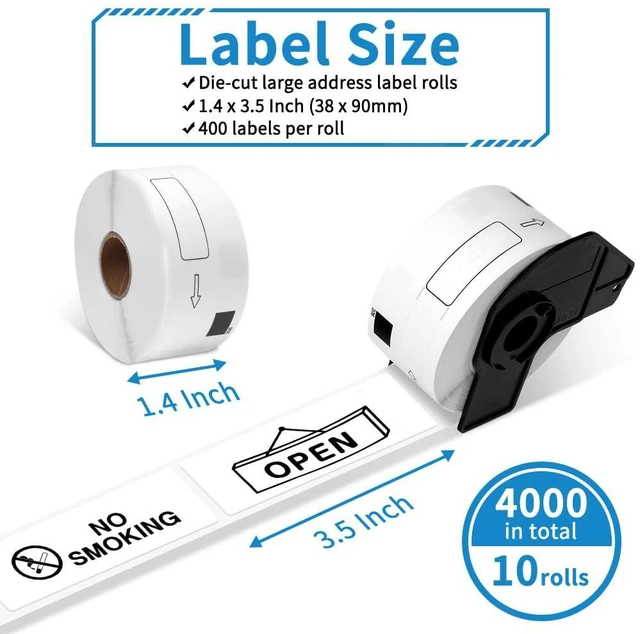 Alt view image 2 of 7 - Compatible with Brother DK-1208 Die-Cut Large Address Label for QL Printer 1.4 in x 3.5 in(38 mm x 90 mm), 400 per Roll/ 4000 Labels for QL-800 ql-820nwb Printer, 10 white paper rolls + 1 frame