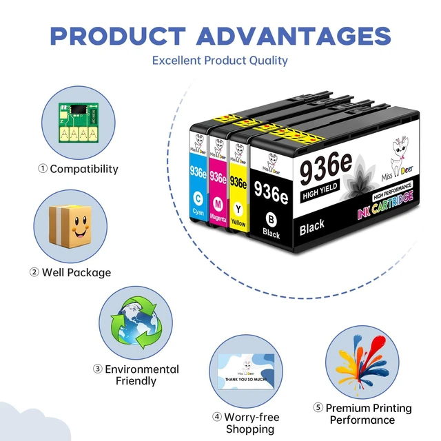 Alt view image 6 of 7 - 936XL 936e Ink Cartridges Combo Pack for HP 936 936xl OfficeJet Pro 9125e High Yield 936XL ink Cartridge Combo Pack Work for OfficeJet 9122e OfficeJet Pro 9110b 9125e 9128e 9130b 9135e 9730e,4 Pack