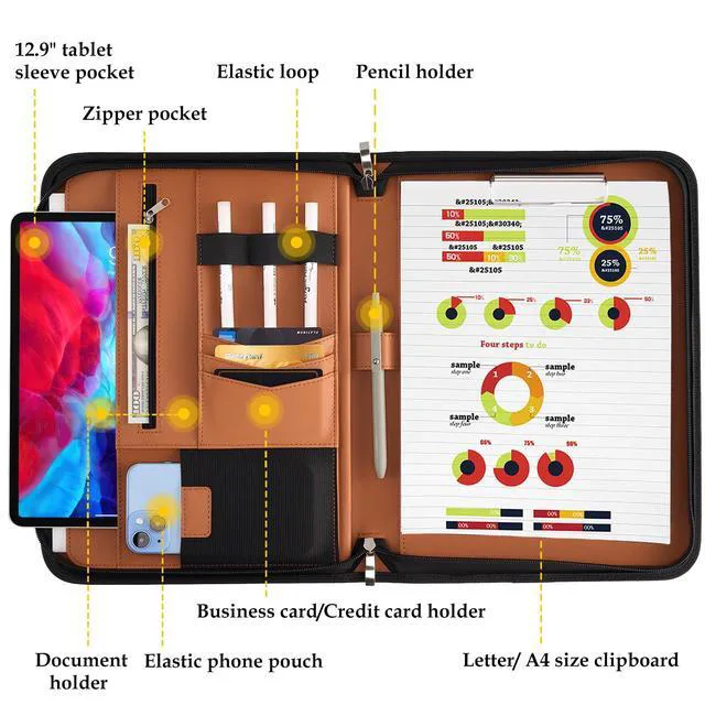 Alt view image 2 of 7 - Portfolio Business Padfolio Folder with Zipper -Tan Conference Meeting Executive File Legal Document Organizer with Pockets Letter Size A11 Writing Pad Notepad Padfolio