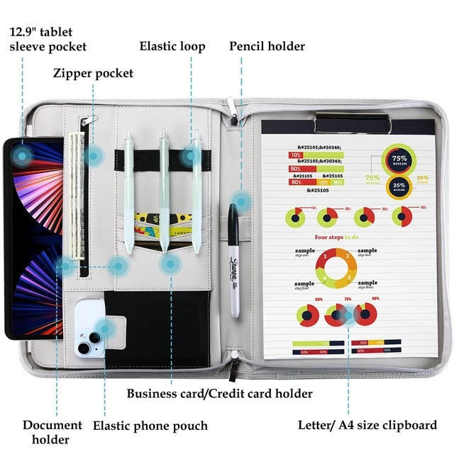 Alt view image 3 of 7 - Portfolio Business Padfolio Folder with Zipper -Grey Conference Meeting Executive File Legal Document Organizer with Pockets Letter Size A12 Writing Pad Notepad Padfolio