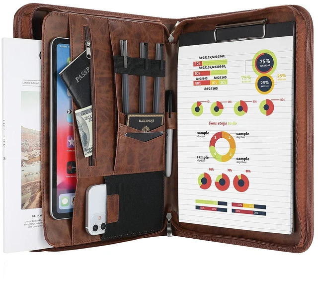 Main image of Portfolio Business Padfolio Folder with Zipper -Brown Conference Meeting Executive File Legal Document Organizer with Pockets Letter Size A6 Writing Pad Notepad Padfolio