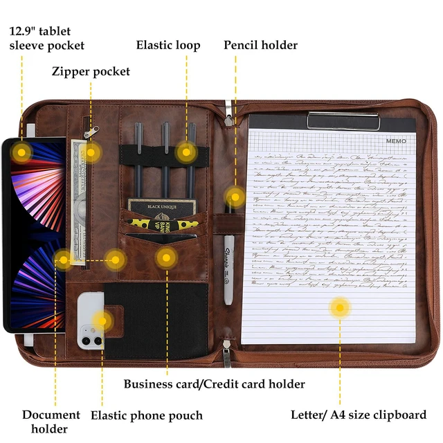 Alt view image 2 of 7 - Portfolio Business Padfolio Folder with Zipper -Brown Conference Meeting Executive File Legal Document Organizer with Pockets Letter Size A6 Writing Pad Notepad Padfolio