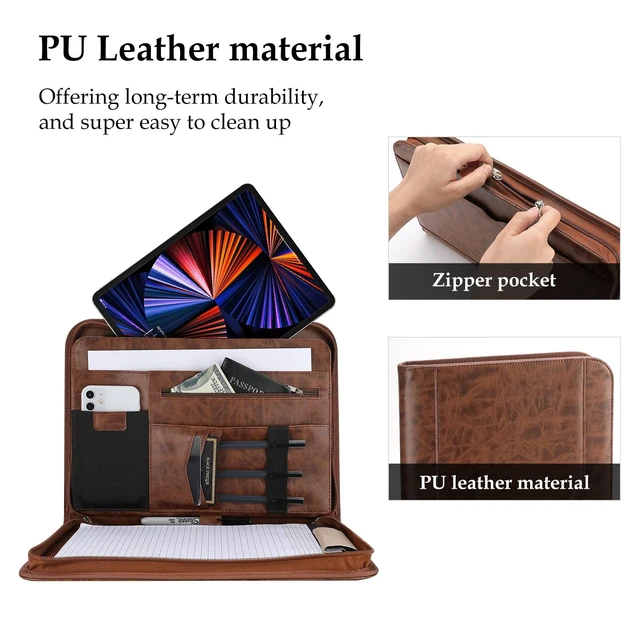 Alt view image 4 of 7 - Portfolio Business Padfolio Folder with Zipper -Brown Conference Meeting Executive File Legal Document Organizer with Pockets Letter Size A6 Writing Pad Notepad Padfolio
