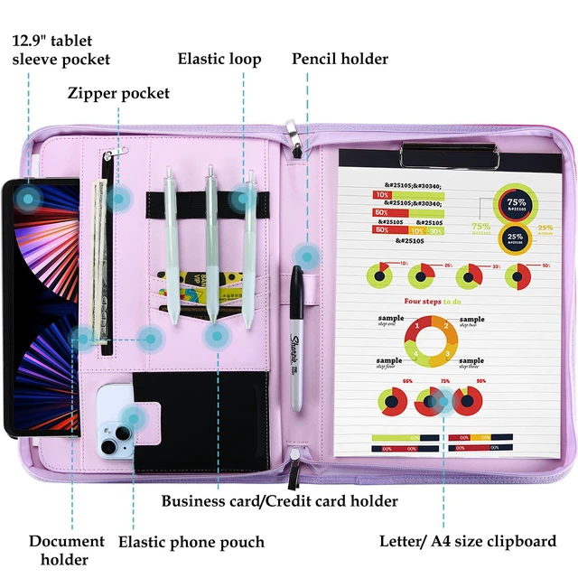 Alt view image 3 of 7 - Portfolio Business Padfolio Folder with Zipper -Purple Conference Meeting Executive File Legal Document Organizer with Pockets Letter Size A9 Writing Pad Notepad Padfolio