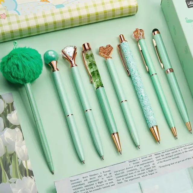 Main image of 8Pcs Green Pens, Metal Crystal Diamond Pens with Black & Blue Ink Cute Fancy Pens for Journaling, Office Supplies, Gifts for Women Girls, Birthday & Back to School Supplies