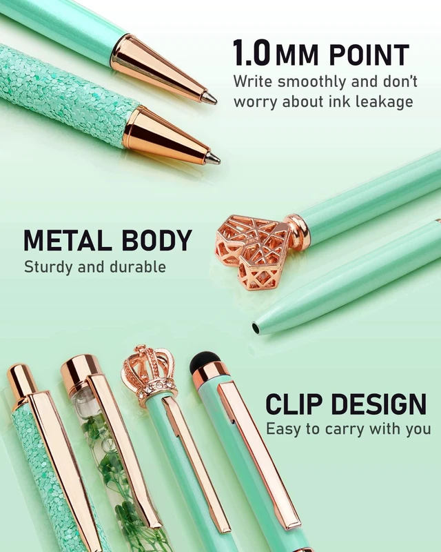 Alt view image 2 of 7 - 8Pcs Green Pens, Metal Crystal Diamond Pens with Black & Blue Ink Cute Fancy Pens for Journaling, Office Supplies, Gifts for Women Girls, Birthday & Back to School Supplies