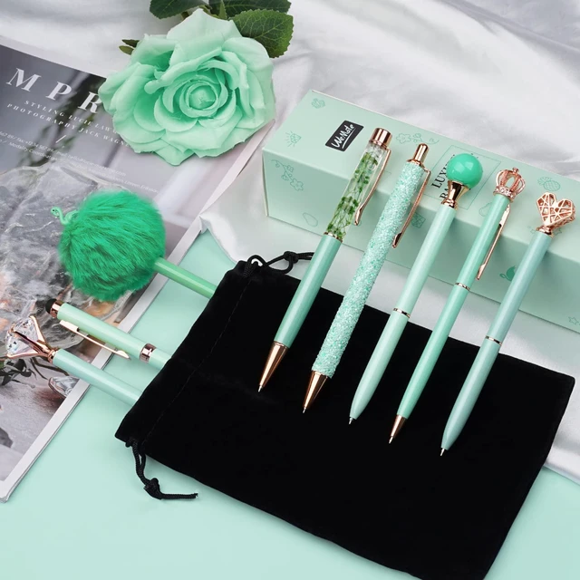 Alt view image 3 of 7 - 8Pcs Green Pens, Metal Crystal Diamond Pens with Black & Blue Ink Cute Fancy Pens for Journaling, Office Supplies, Gifts for Women Girls, Birthday & Back to School Supplies