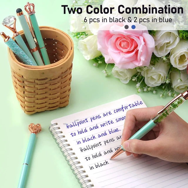 Alt view image 4 of 7 - 8Pcs Green Pens, Metal Crystal Diamond Pens with Black & Blue Ink Cute Fancy Pens for Journaling, Office Supplies, Gifts for Women Girls, Birthday & Back to School Supplies
