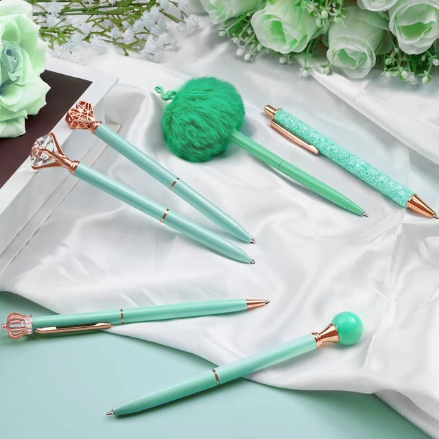 Alt view image 7 of 7 - 8Pcs Green Pens, Metal Crystal Diamond Pens with Black & Blue Ink Cute Fancy Pens for Journaling, Office Supplies, Gifts for Women Girls, Birthday & Back to School Supplies