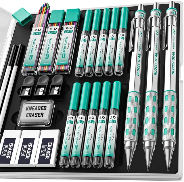 Main image of 3 Pack Blocky Gear 2.0 mm Metal Mechanical Pencils Set with Case Drafting Pencil with 13 Tubes 2mm Lead Refills (HB 2B 2H 4B 4H 6B & Colors), Erasers for Carpenter Writing Drawing