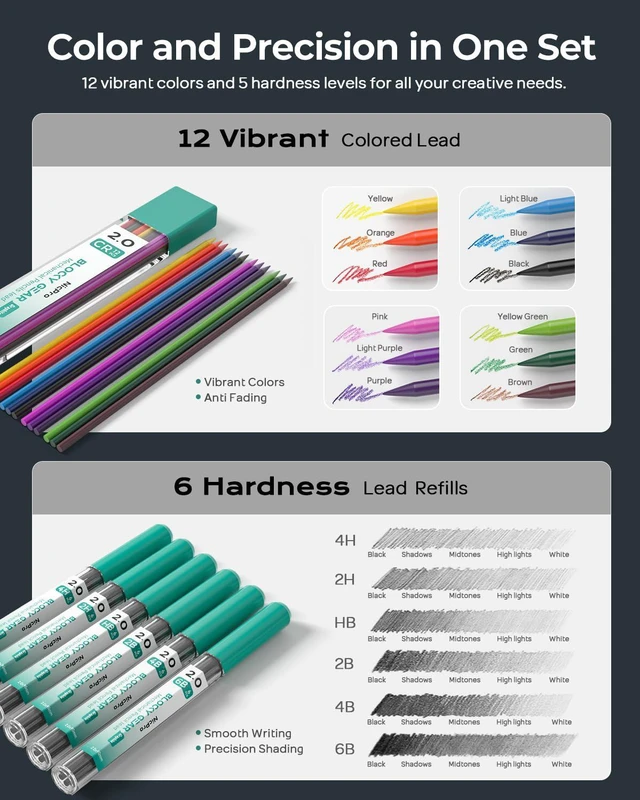 Alt view image 5 of 7 - 3 Pack Blocky Gear 2.0 mm Metal Mechanical Pencils Set with Case Drafting Pencil with 13 Tubes 2mm Lead Refills (HB 2B 2H 4B 4H 6B & Colors), Erasers for Carpenter Writing Drawing