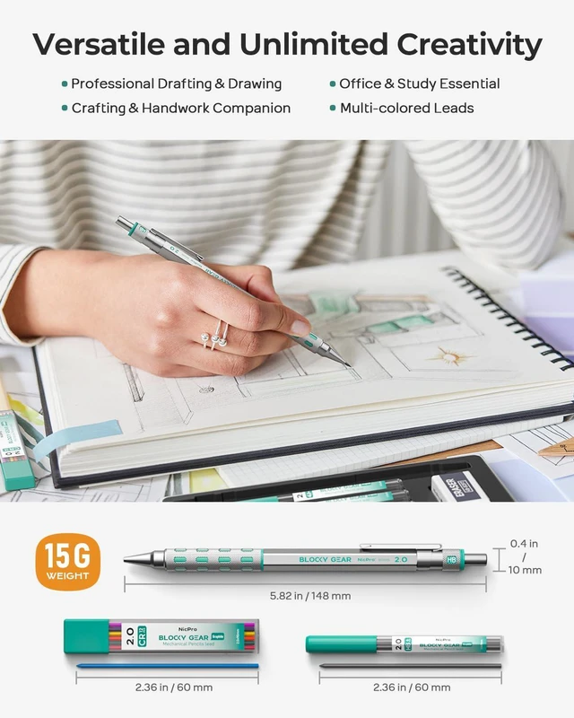 Alt view image 4 of 7 - 3 Pack Blocky Gear 2.0 mm Metal Mechanical Pencils Set with Case Drafting Pencil with 13 Tubes 2mm Lead Refills (HB 2B 2H 4B 4H 6B & Colors), Erasers for Carpenter Writing Drawing