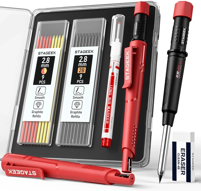 Main image of 2.8mm Mechanical Carpenter Pencils with Sharpener, Storage Case 19 Refills, Construction Pencil Heavy Duty Woodworking Tools, Waterproof Deep Hole Long Nib Marker Pens for Architect Marking